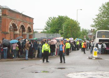 Large crowds outside Hertford East Station