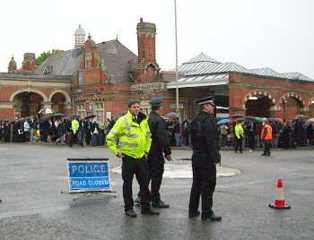 Large crowds outside Hertford East Station